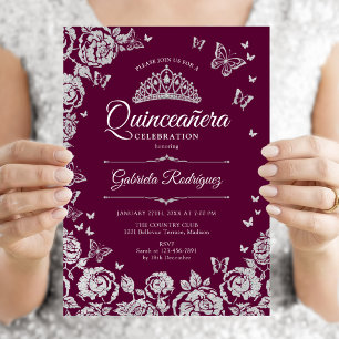 Burgundy Silver Roses Butterflies Quinceanera Invitation