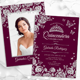 Burgundy Silver Roses Quinceanera Photo Invitation