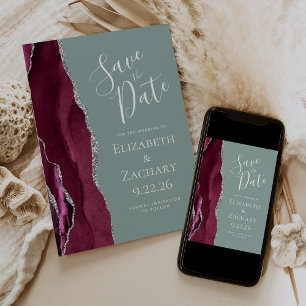 Burgundy Silver Sage Green Photo Save the Date Invitation