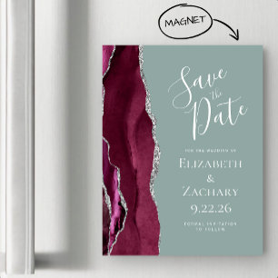 Burgundy Silver Sage Green Wedding Save the Date Magnetic Invitation