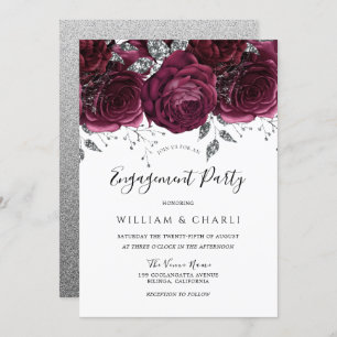 Burgundy & Silver Sparkle Floral Engagement Party  Invitation