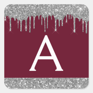 Burgundy Silver Sparkle Glitter Monogram Square Sticker