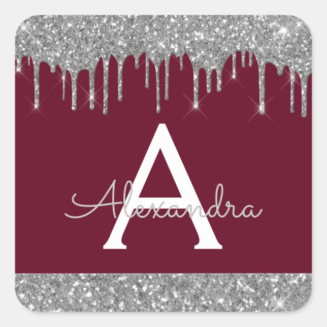 Burgundy Silver Sparkle Glitter Monogram Square Sticker (Front)