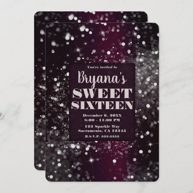 Burgundy & Silver Sparkling Lights Sweet 16 Party Invitation (Front/Back)