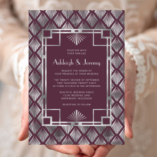 Burgundy Silver Vintage Deco Pattern Wedding Invitation