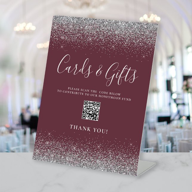 Burgundy Silver Wedding Cards Gifts QR Code Pedestal Sign (Creator Uploaded)