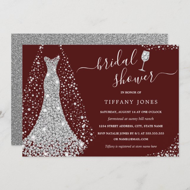 Burgundy Silver Wedding Dress Bridal Shower Invitation (Front/Back)