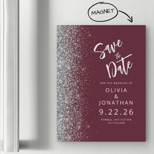 Burgundy Silver Wedding Save the Date Magnetic Invitation (Creator Uploaded)
