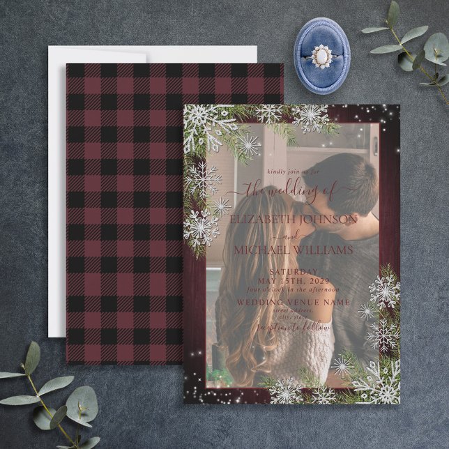 Burgundy Silver Wood Plaid Vellum Photo Wedding Invitation (Creator Uploaded)