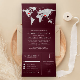 Burgundy Silver World Map All in One Wedding Tri-Fold Invitation