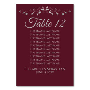 Burgundy SilverFlourish Wedding Seating Chart Table Number