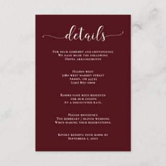 Burgundy Simple Calligraphy Modern Wedding  Enclosure Card