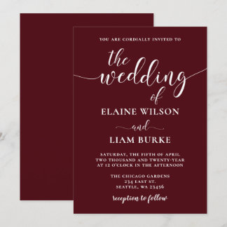 Burgundy Simple Calligraphy Modern Wedding  Invitation
