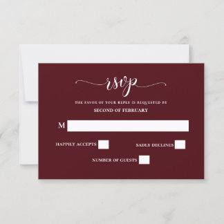 Burgundy Simple Calligraphy Modern Wedding RSVP  Card