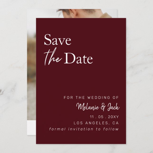 Burgundy Simple Calligraphy Photo Save The Date (Front/Back)
