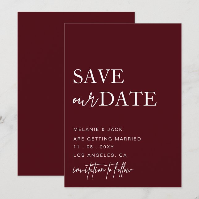 Burgundy Simple Calligraphy Save The Date (Front/Back)