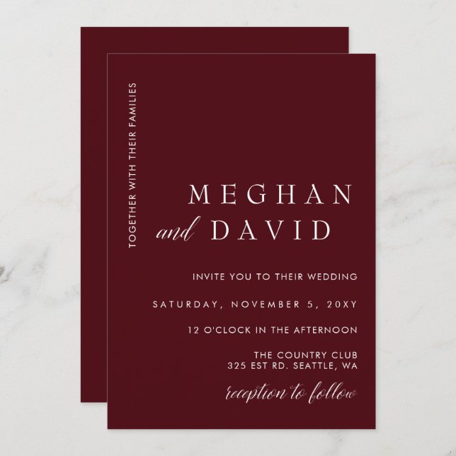 Burgundy Simple Elegant Minimal Modern Wedding  Invitation (Front/Back)