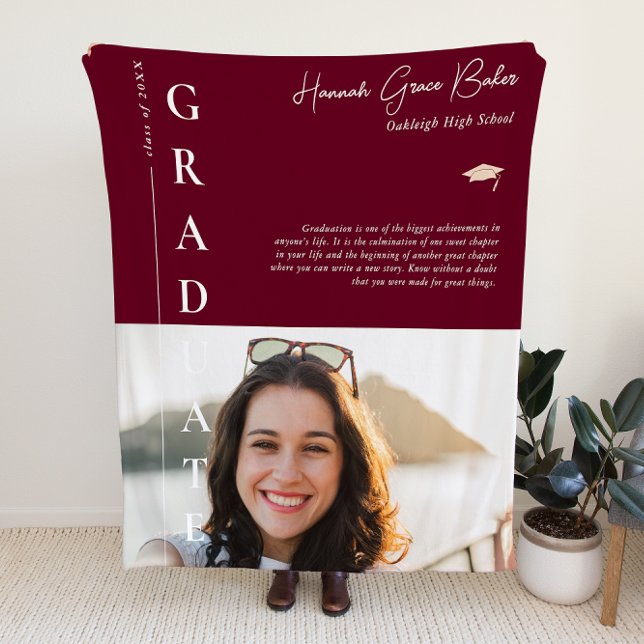 Burgundy | Simple Graduation Photo & Quote Fleece Blanket (Creator Uploaded)