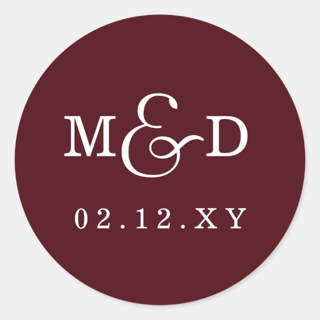 Burgundy Simple Modern Monogram Wedding Classic Round Sticker (Front)