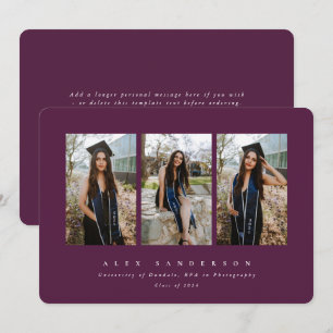 Burgundy Simple Modern Triple Photo Graduation Announcement