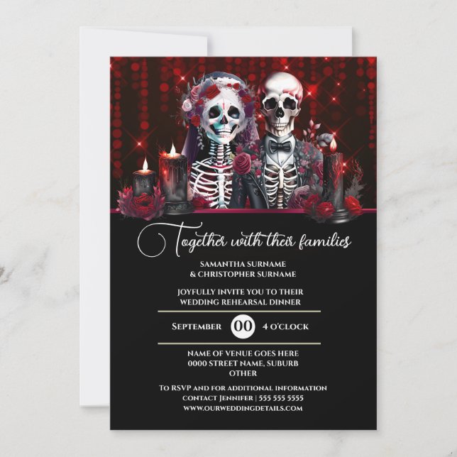 Burgundy skeleton bride groom wedding day gothic invitation (Front)