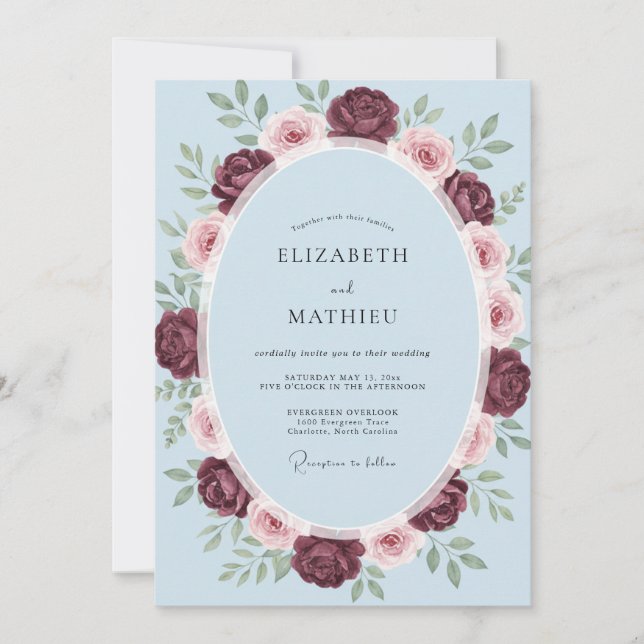Burgundy Sky Rose Wedding Invitation (Front)