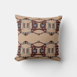 Burgundy Slate Blue on Dark Tan Large Mosaic Tiles Cushion