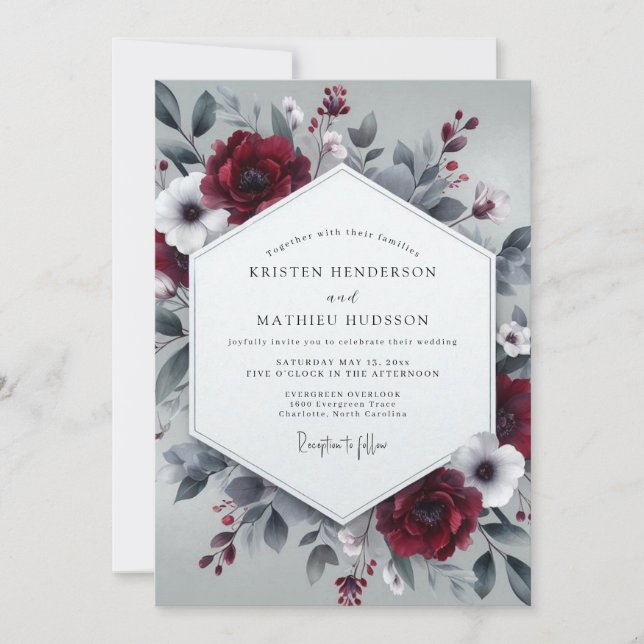 Burgundy Slate Wintry Bloom Wedding Invitation (Front)