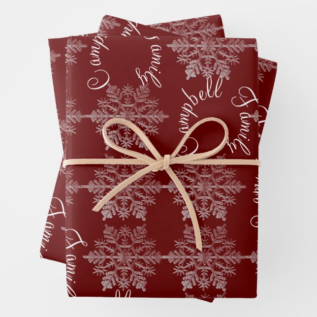 Burgundy Snowflake Christmas Family Name  Wrapping Paper Sheet (In situ)