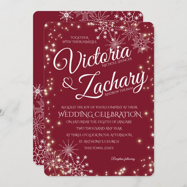 Burgundy Snowflakes and Sparkle Wedding Invitation (Front/Back)