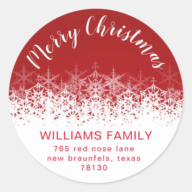 Burgundy Snowflakes holiday return address Classic Round Sticker (Front)