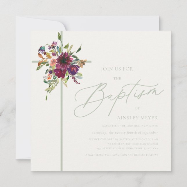 Burgundy & Soft Green Floral Cross Baptism Invitation (Front)