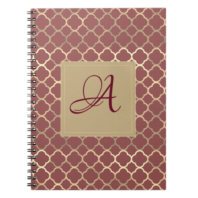 Burgundy Soybean Monogram Decor Quatrefoil Wedding Notebook (Front)