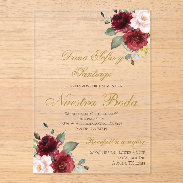 Burgundy Spanish Wedding Acrylic Invitation (Front)