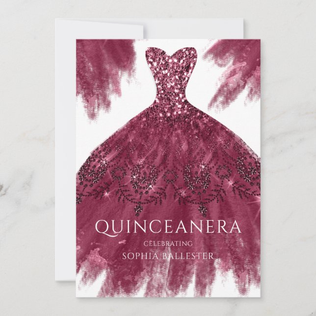 Burgundy Sparkle Dress Elegant Gown Quinceanera Invitation (Front)
