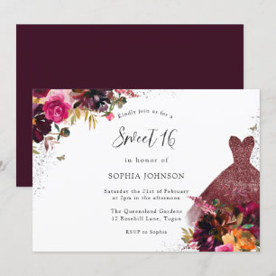 Burgundy Sparkle Dress Floral Sweet 16 Party Invitation