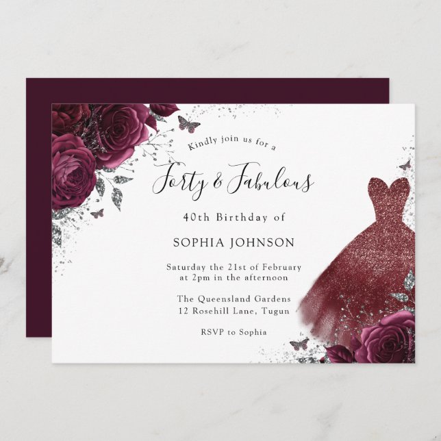 Burgundy Sparkle Dress Roses Forty & Fabulous 40th Invitation (Front/Back)