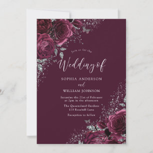 Burgundy Sparkle Flowers Silver Elegant Wedding Invitation