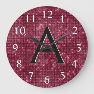 Burgundy Sparkle Shimmer Monogram Name & Initial Large Clock