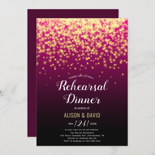 Burgundy sparkling lights wedding rehearsal dinner invitation (Front/Back)