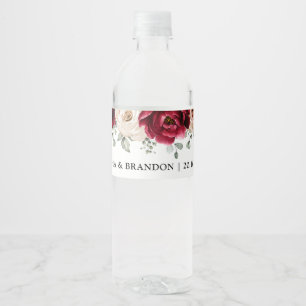 Burgundy Sparkling Wine Ivory Mauve Rose Floral We Water Bottle Label