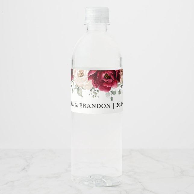 Burgundy Sparkling Wine Ivory Mauve Rose Floral We Water Bottle Label (Front)