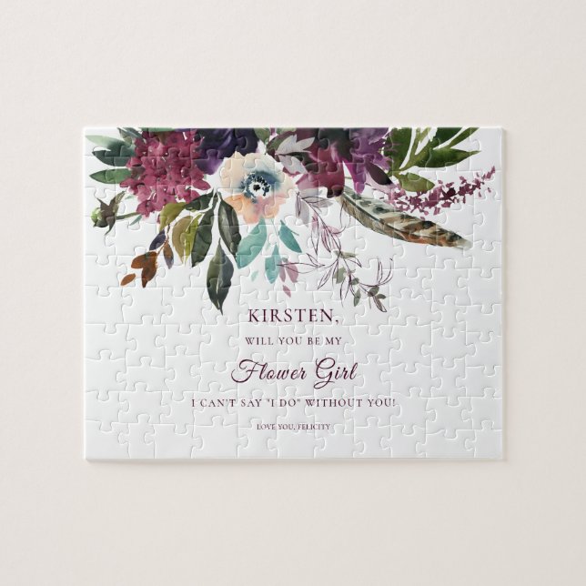 Burgundy Splendor Floral Be My Flower Girl White Jigsaw Puzzle (Horizontal)