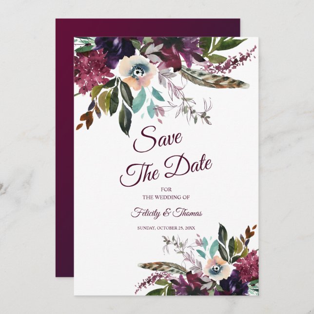 Burgundy Splendour Floral White Save The Date Invitation (Front/Back)