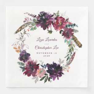 Burgundy Splendour Floral Wreath White Wedding Napkin