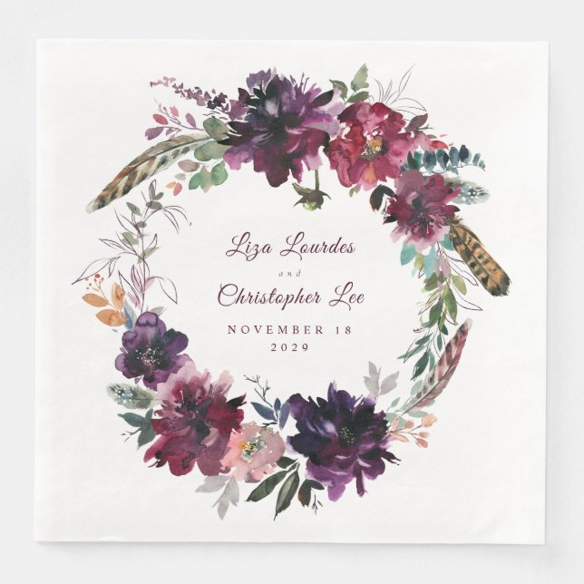 Burgundy Splendour Floral Wreath White Wedding Napkin (Front)