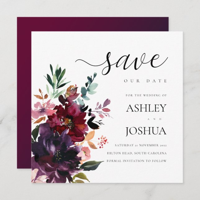 Burgundy Splendour Watercolor Floral Save The Date Invitation (Front/Back)