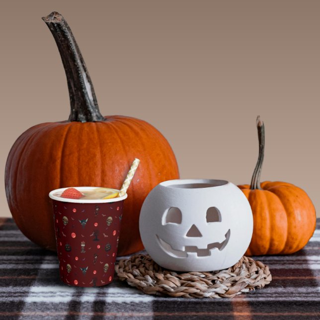 Burgundy Spooky Character Pattern Halloween Paper Cups (Creator Uploaded)