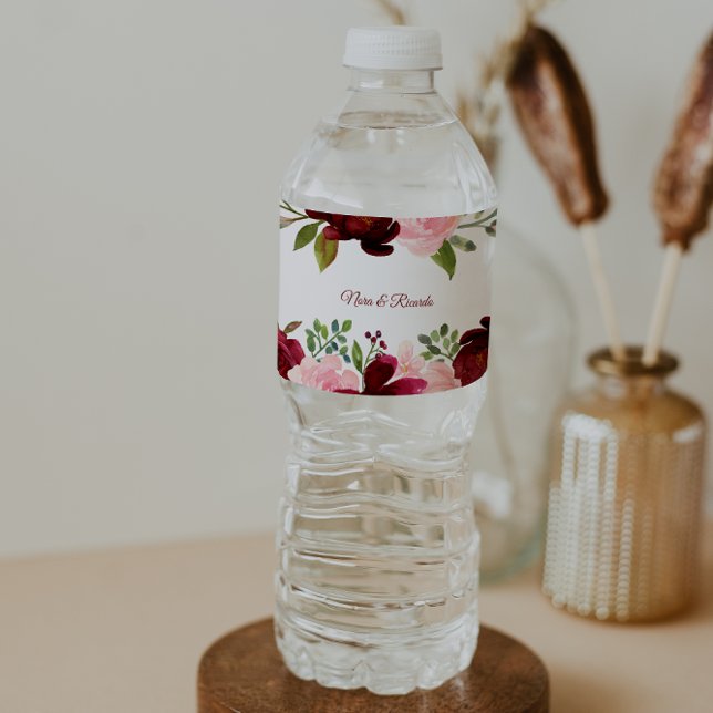 Burgundy Spring Elegant Floral Water Bottle Label (Creator Uploaded)