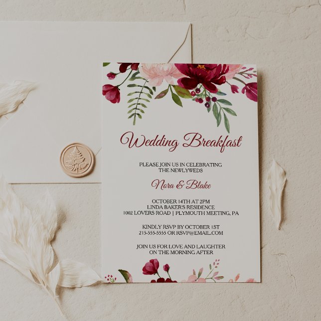 Burgundy Spring Elegant Floral Wedding Breakfast Invitation (Creator Uploaded)